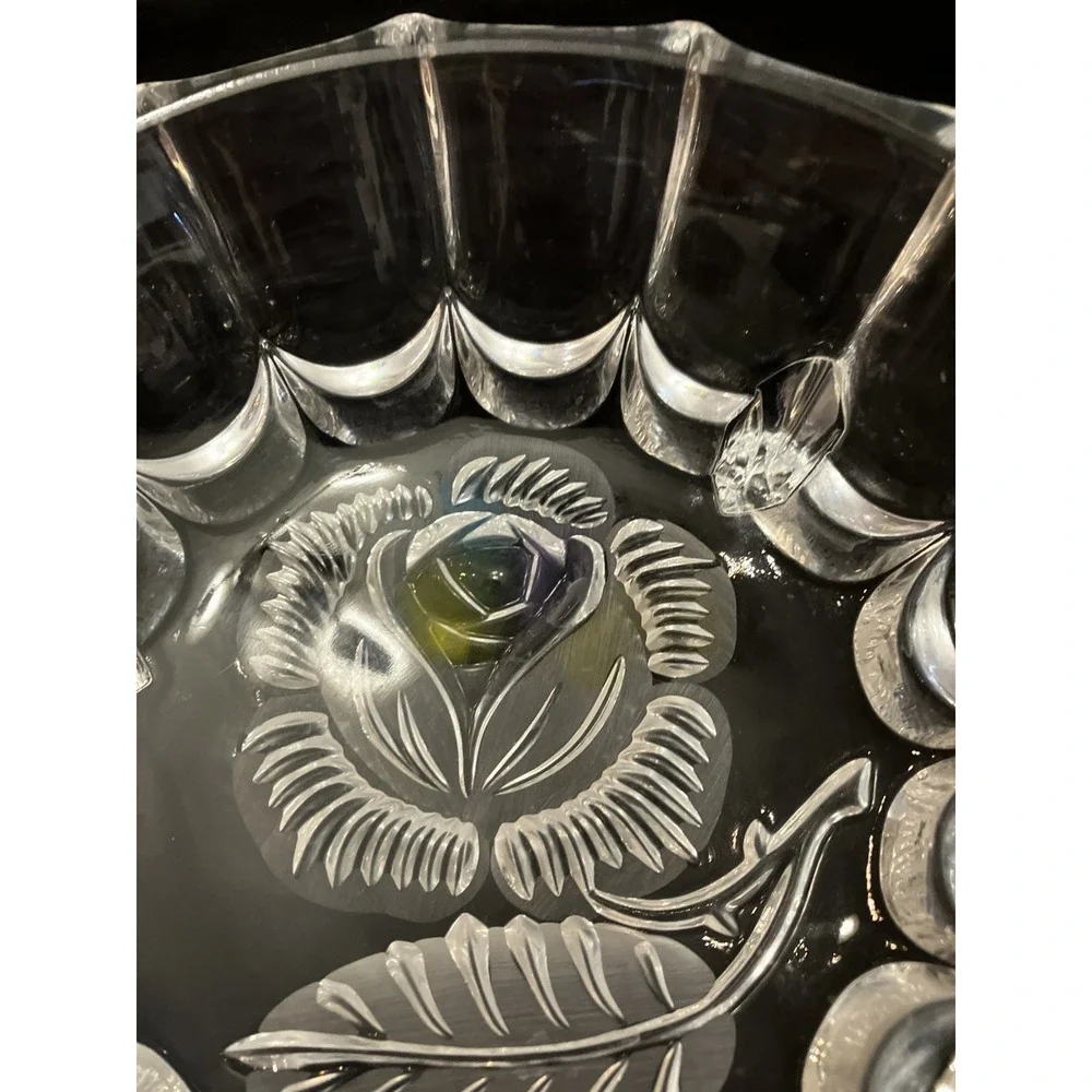 Vintage Imperlux Pressed Crystal Footed Bowl Candy Dish Fluted Edges Etched Rose